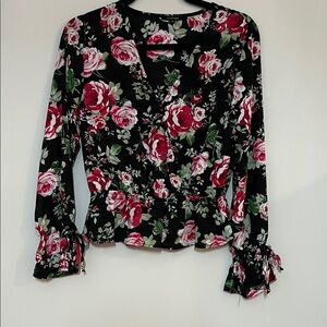 Ambiance Black and Red Floral Blouse V-Neck Long Sleeves with Ruffles and Ties
